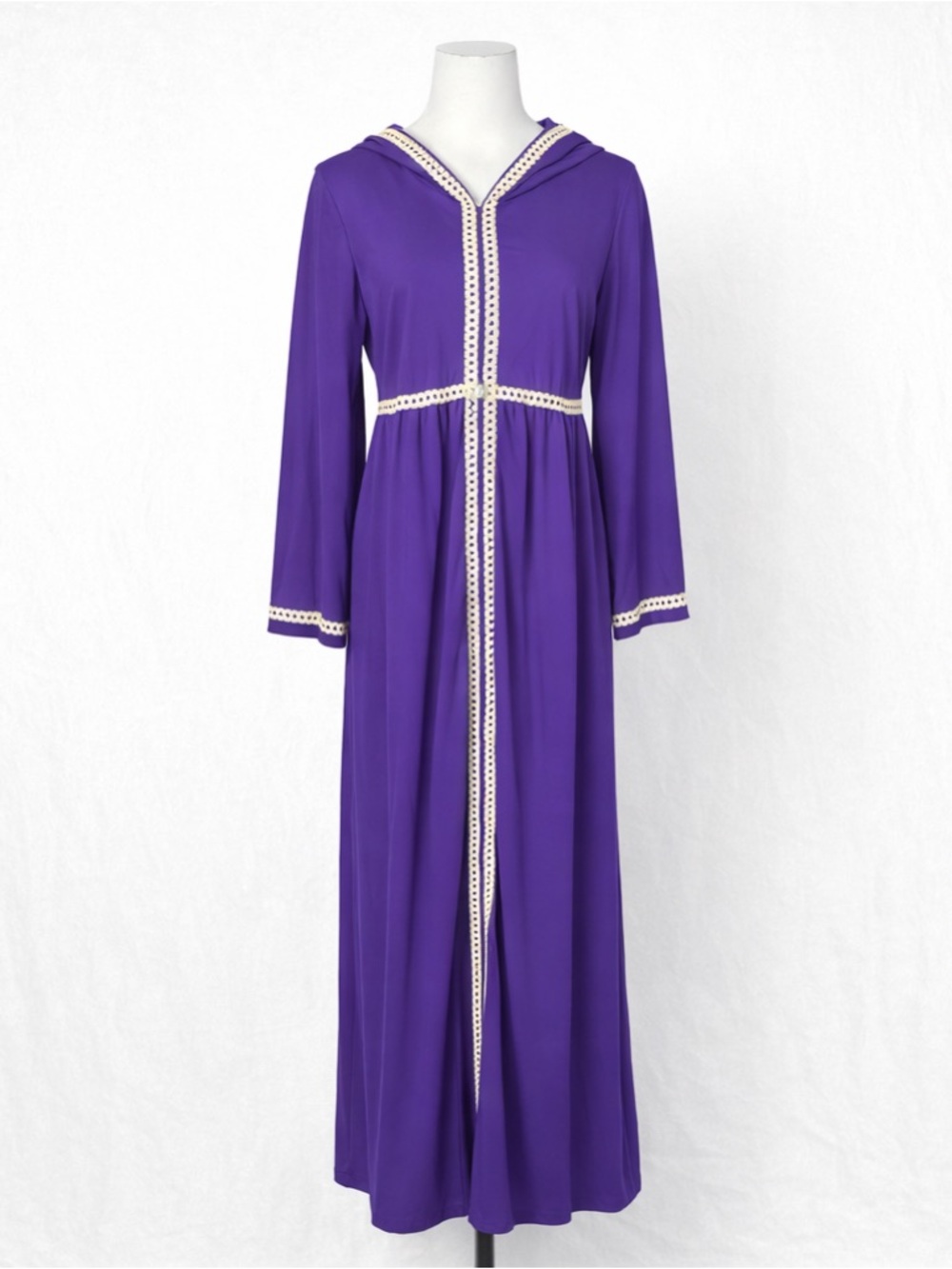 Vintage 70s Formfit Rogers Purple Hooded Housecoat Robe Lace Trim Zip Maxi